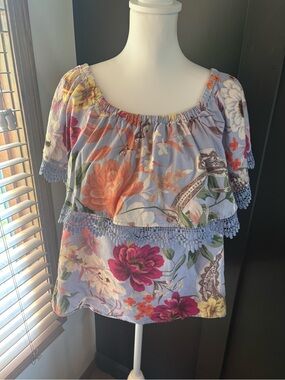 Cupio Floral Linen Blend Off Shoulder Crochet Trim Top L